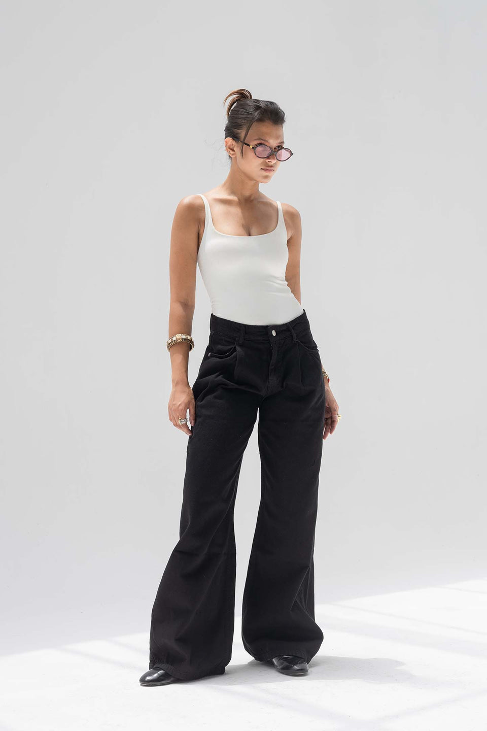 Black High-Rise Wide-Leg Flare Jeans