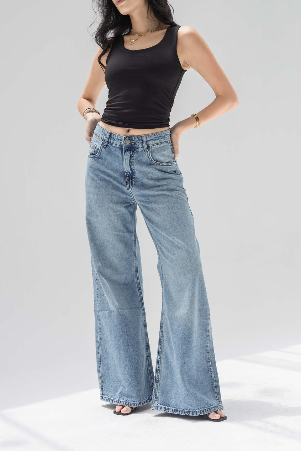 Blue High-Rise Wide-Leg Flare Jeans