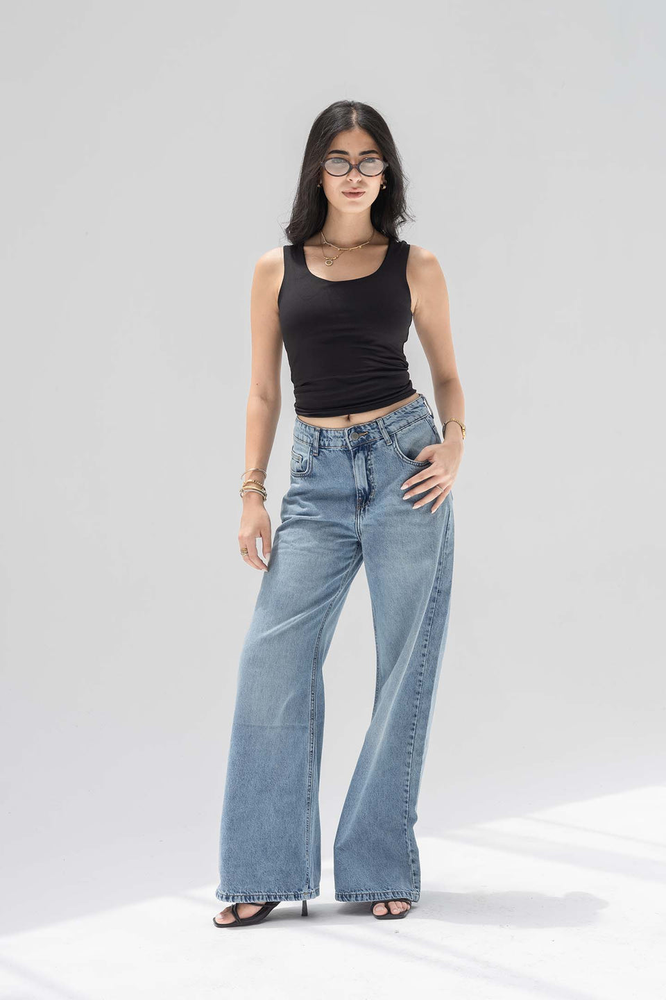 Blue High-Rise Wide-Leg Flare Jeans