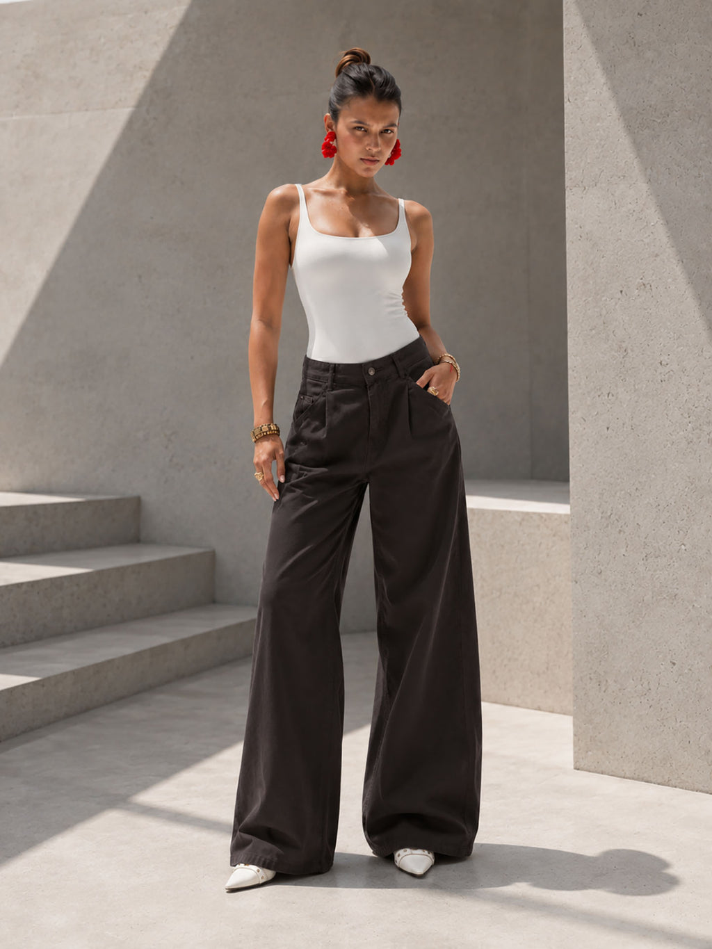 Brown High-Rise Wide-Leg Flare Jeans