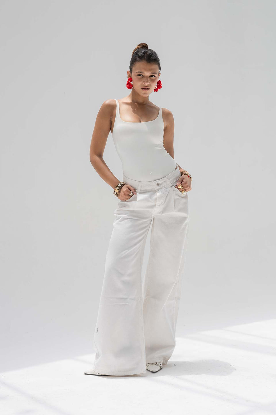 Off White High-Rise Wide-Leg Flare Jeans