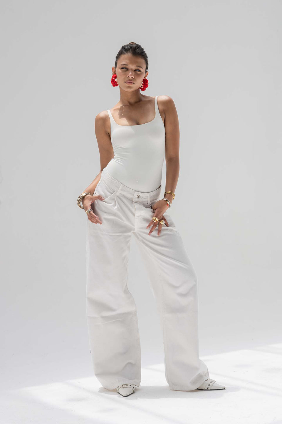 Off White High-Rise Wide-Leg Flare Jeans