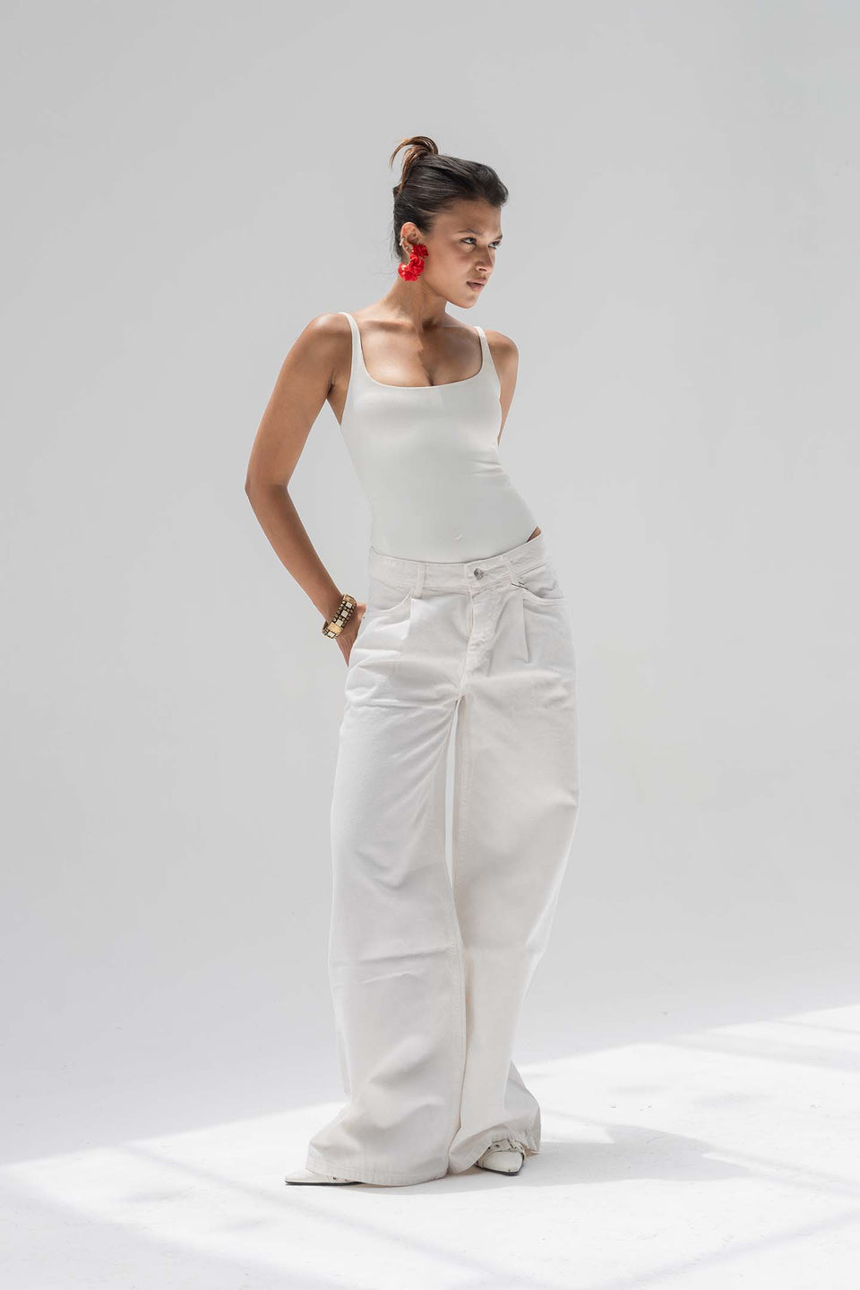 Off White High-Rise Wide-Leg Flare Jeans