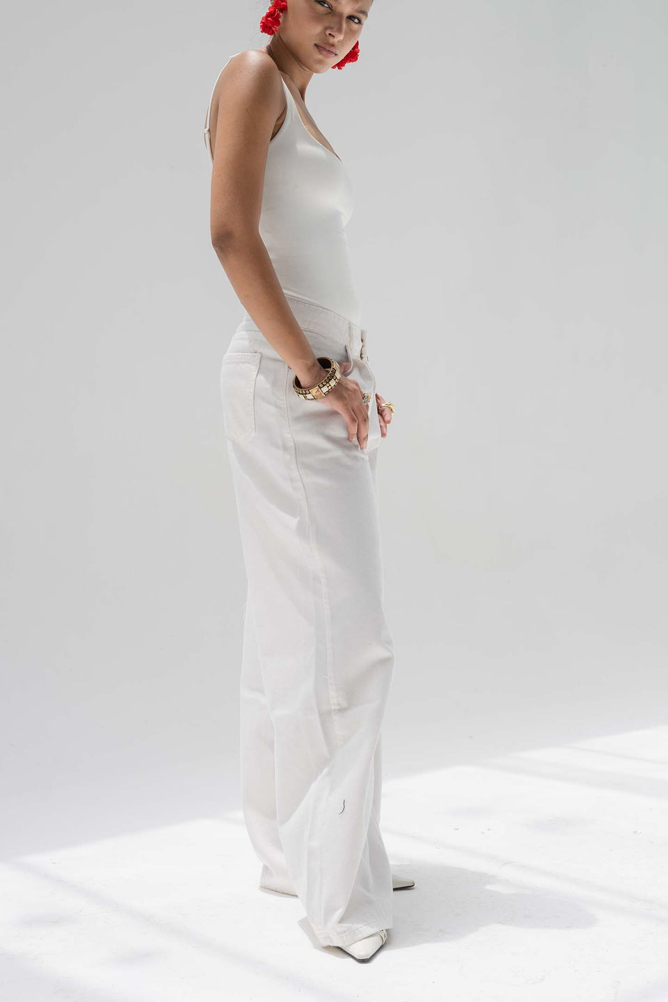 Off White High-Rise Wide-Leg Flare Jeans