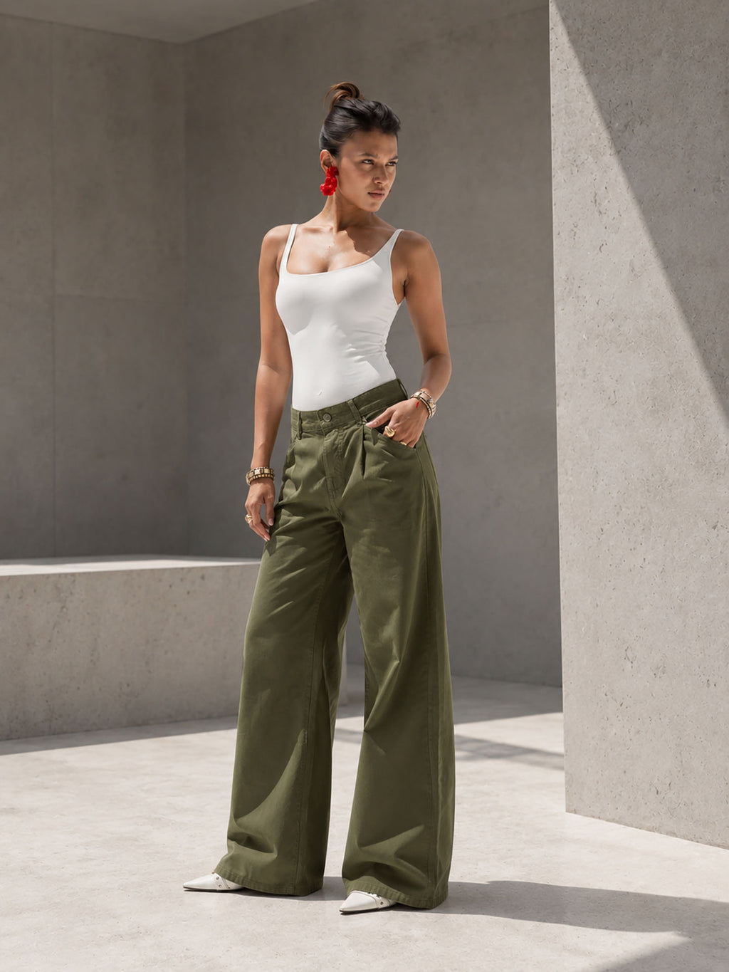 Olive High-Rise Wide-Leg Flare Jeans
