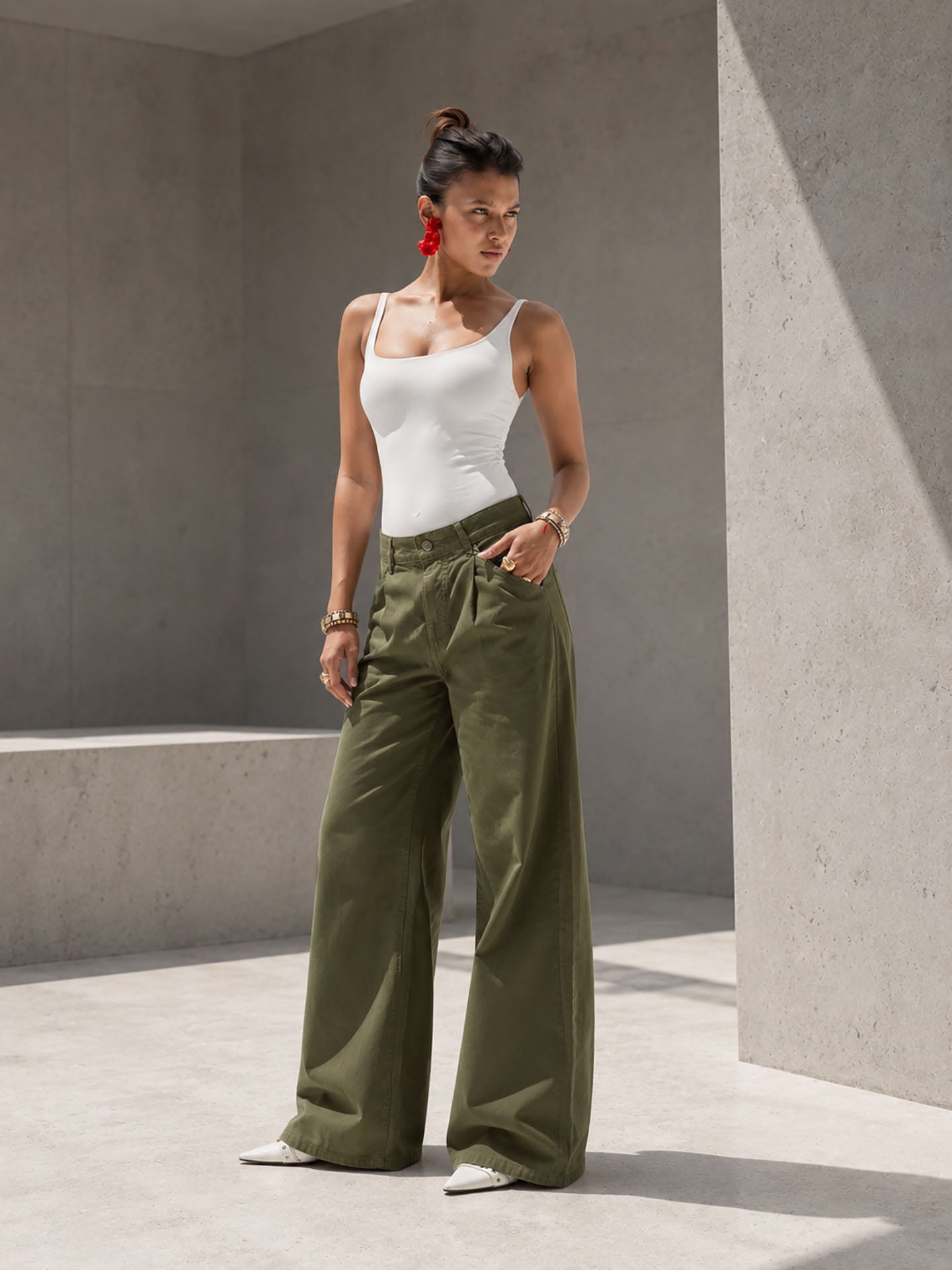 Olive High-Rise Wide-Leg Flare Jeans