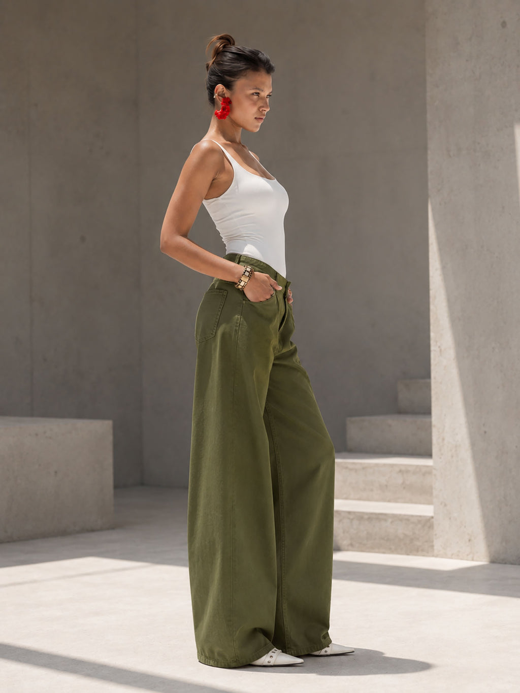 Olive High-Rise Wide-Leg Flare Jeans