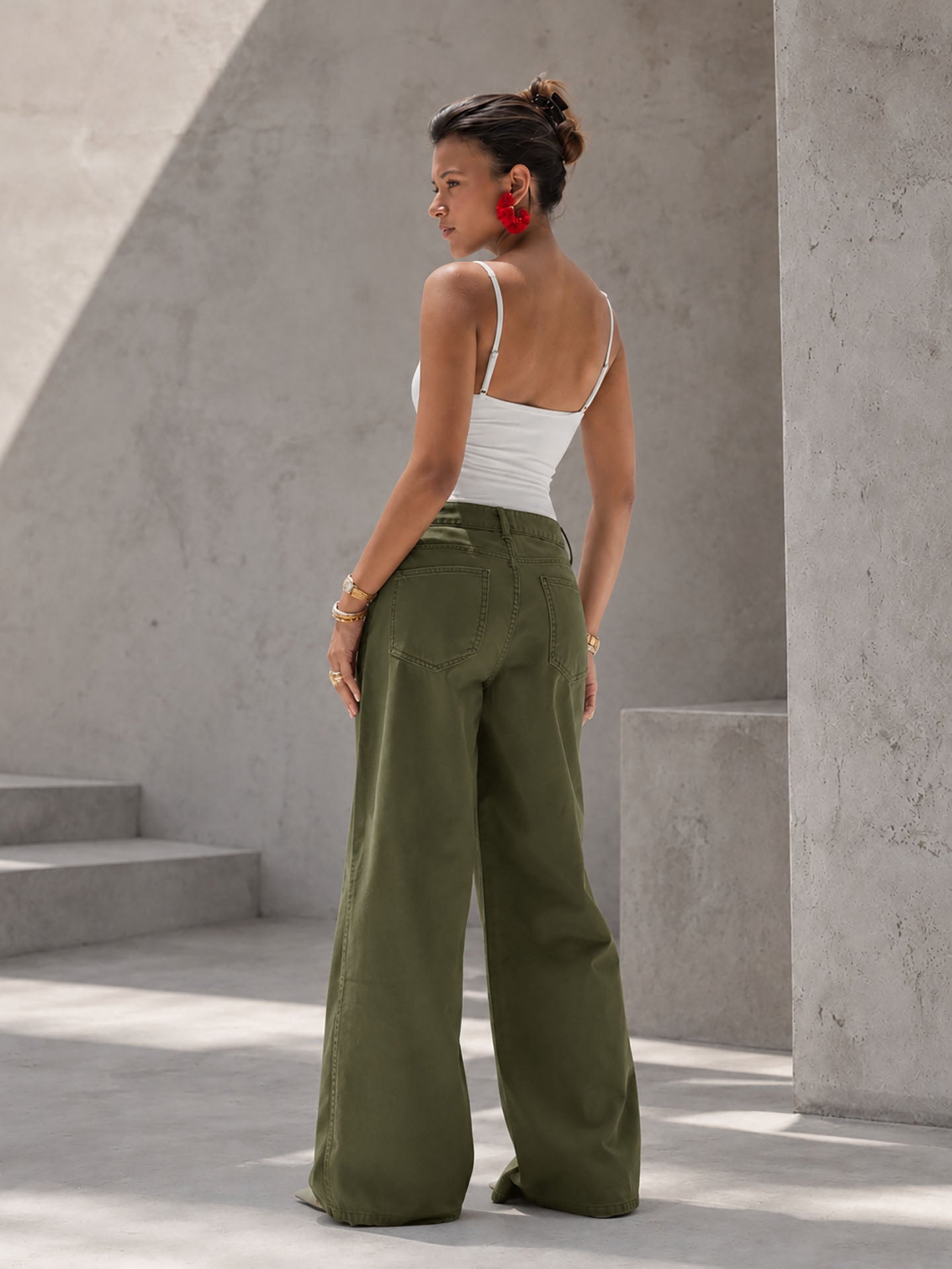 Olive High-Rise Wide-Leg Flare Jeans