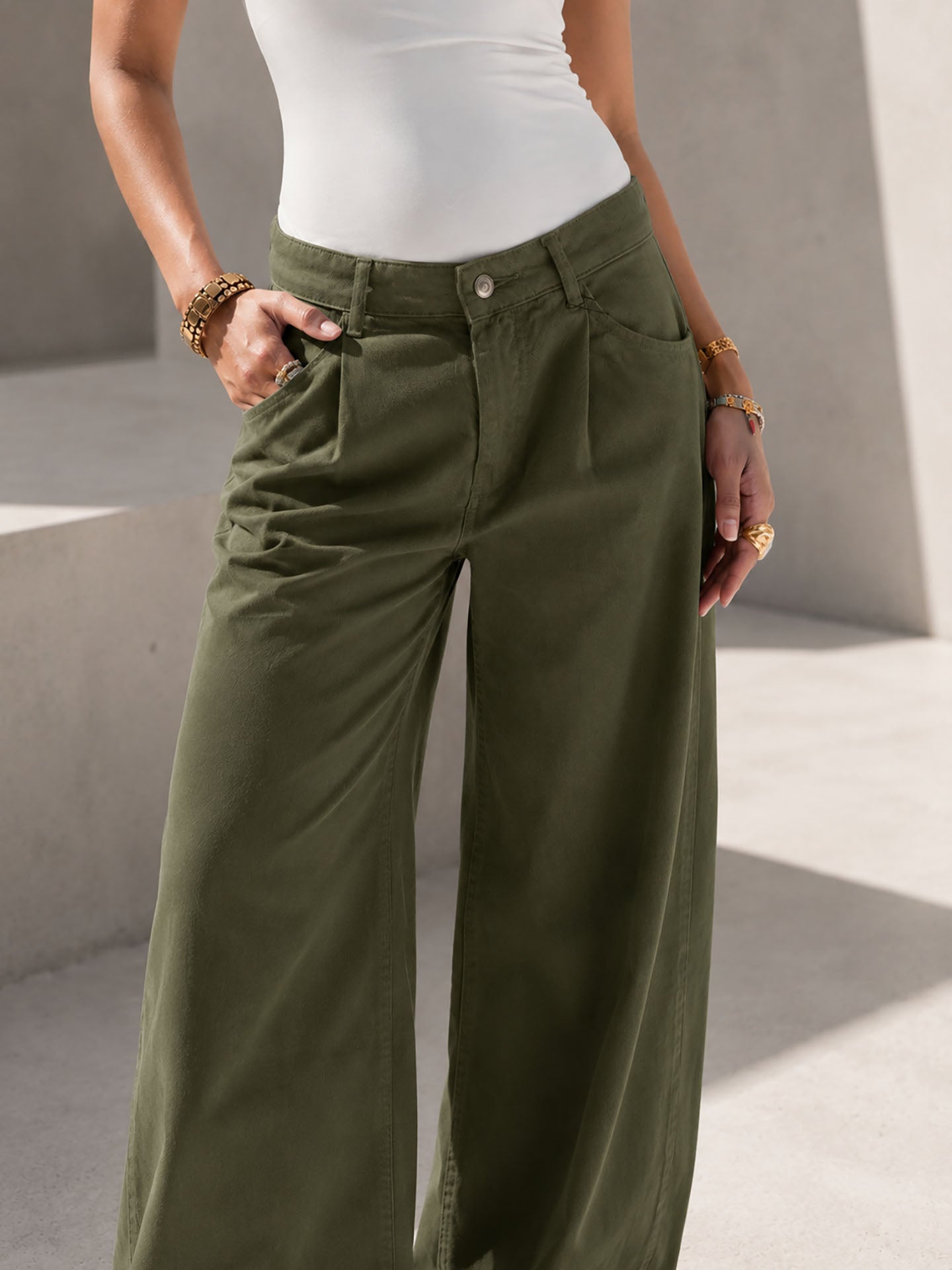 Olive High-Rise Wide-Leg Flare Jeans