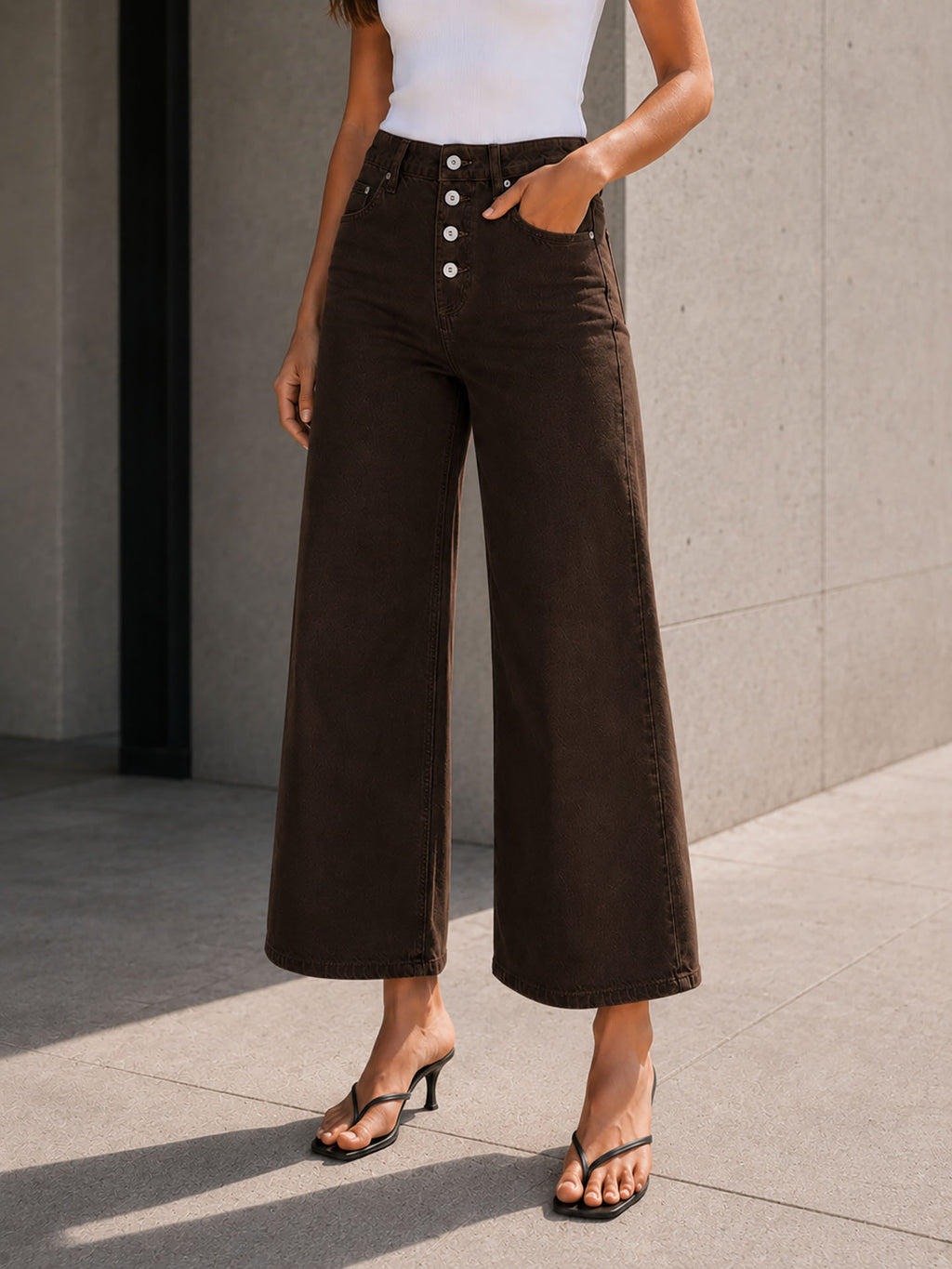 Brown Button Front Cropped Wide Leg Pants