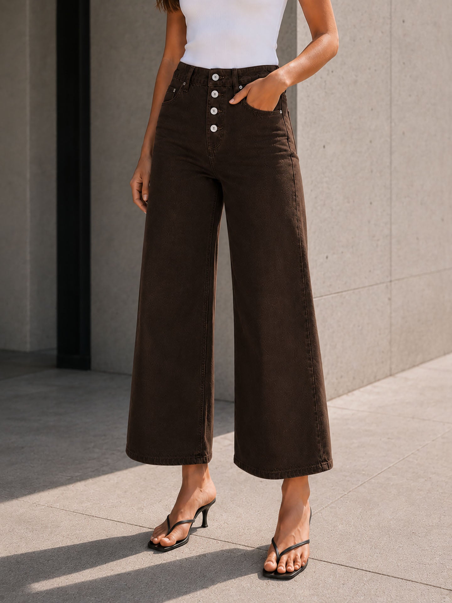 Brown Button Front Cropped Wide Leg Pants