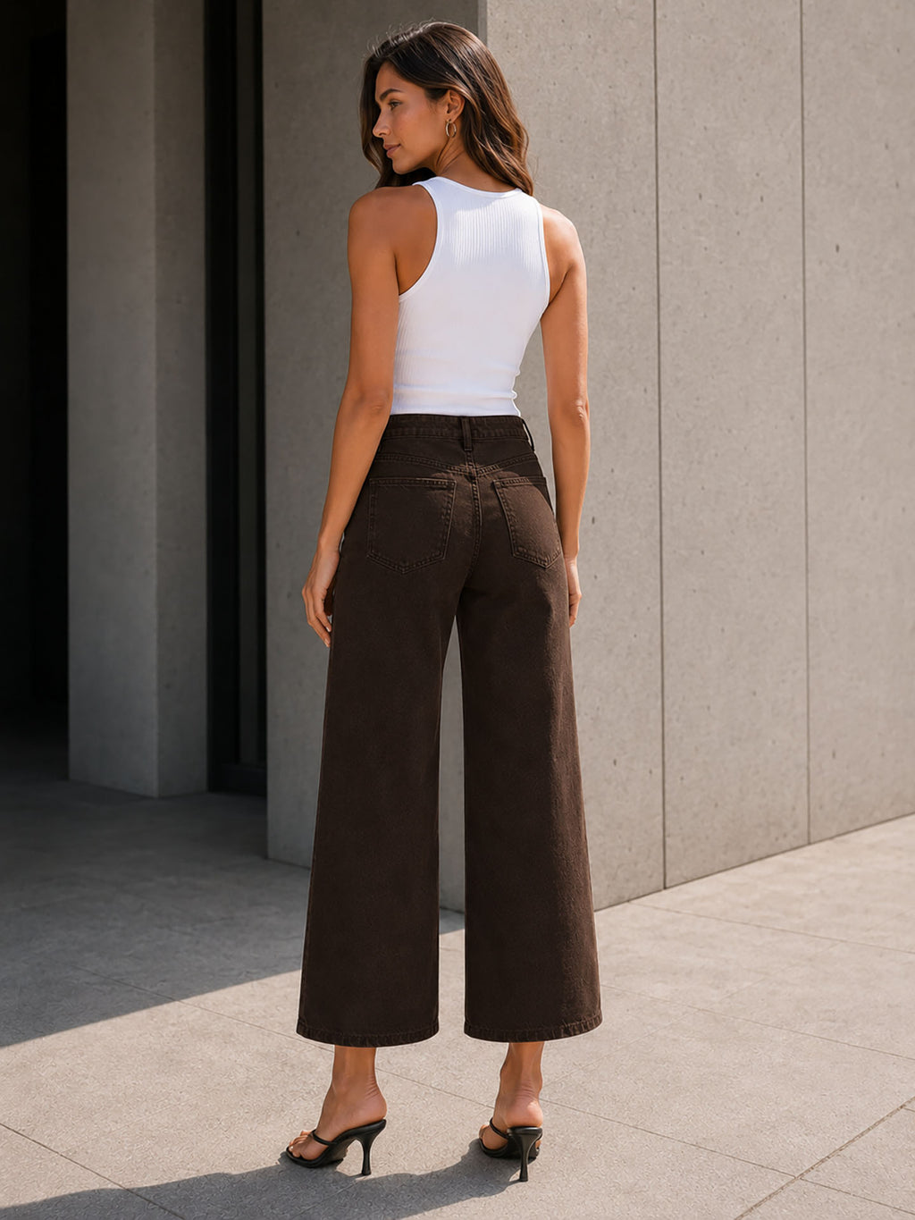 Brown Button Front Cropped Wide Leg Pants