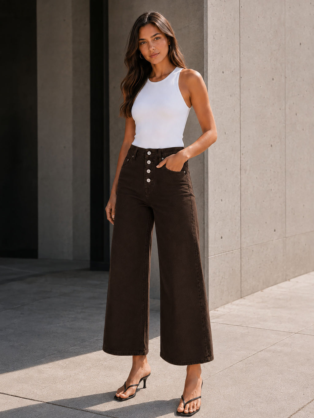 Brown Button Front Cropped Wide Leg Pants