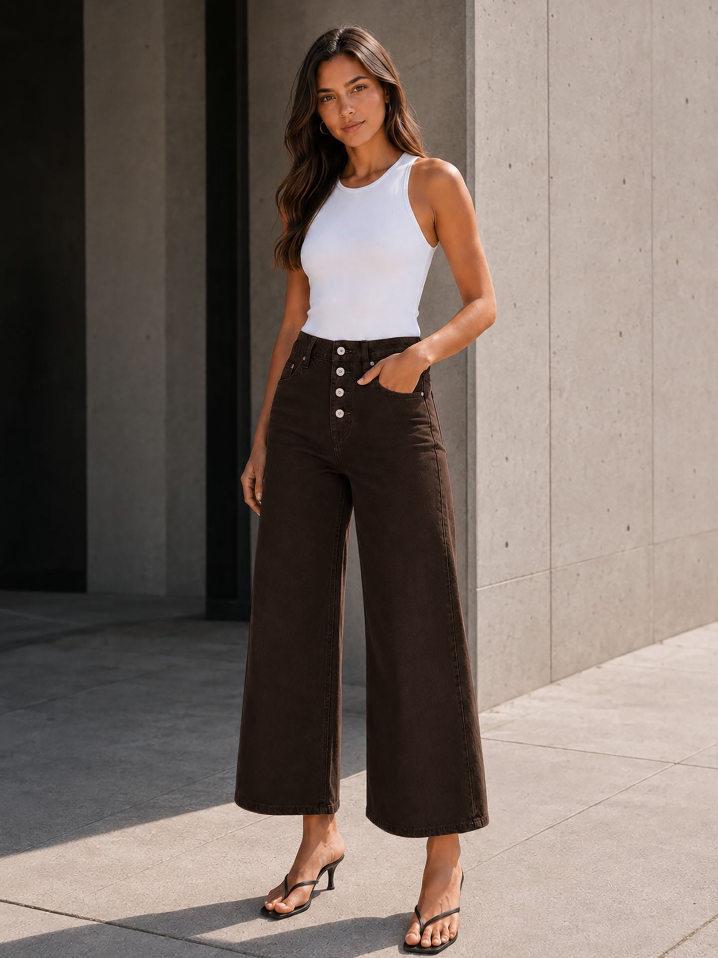 Brown Button Front Cropped Wide Leg Pants