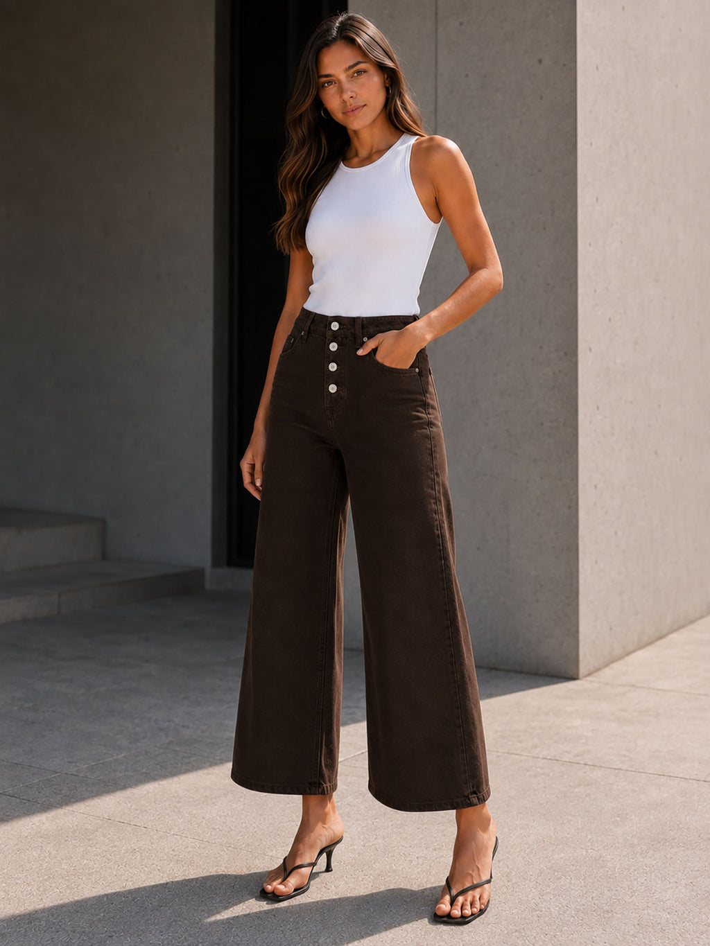 Brown Button Front Cropped Wide Leg Pants