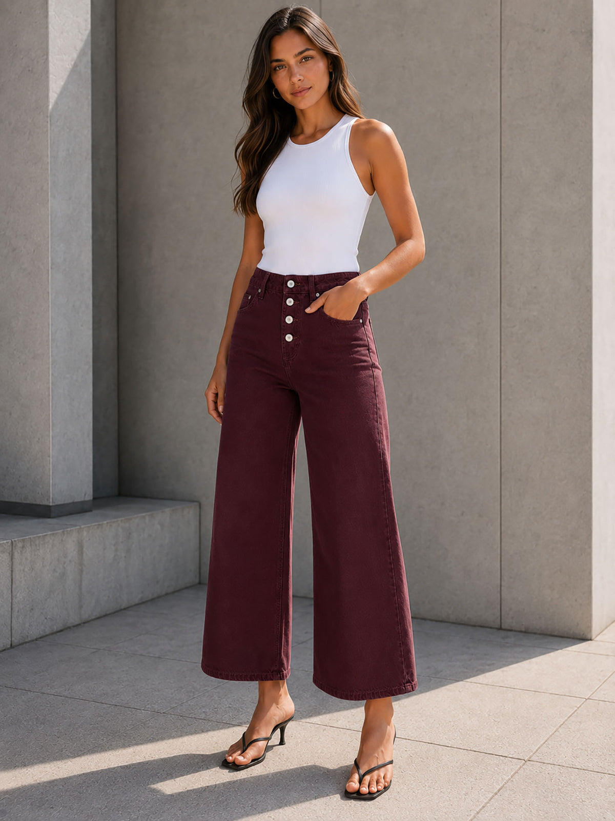 Burgundy Button Front Cropped Wide Leg Pants