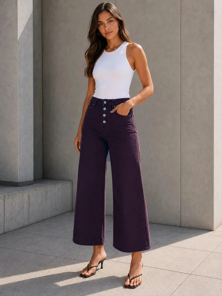 Burgundy Button Front Cropped Wide Leg Pants