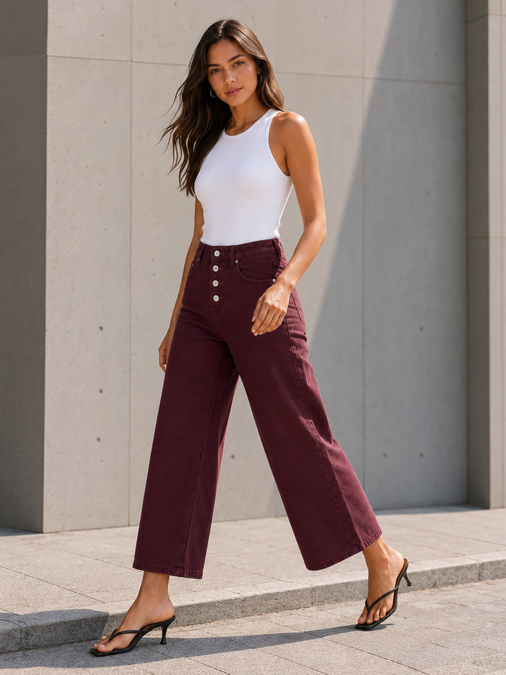 Burgundy Button Front Cropped Wide Leg Pants
