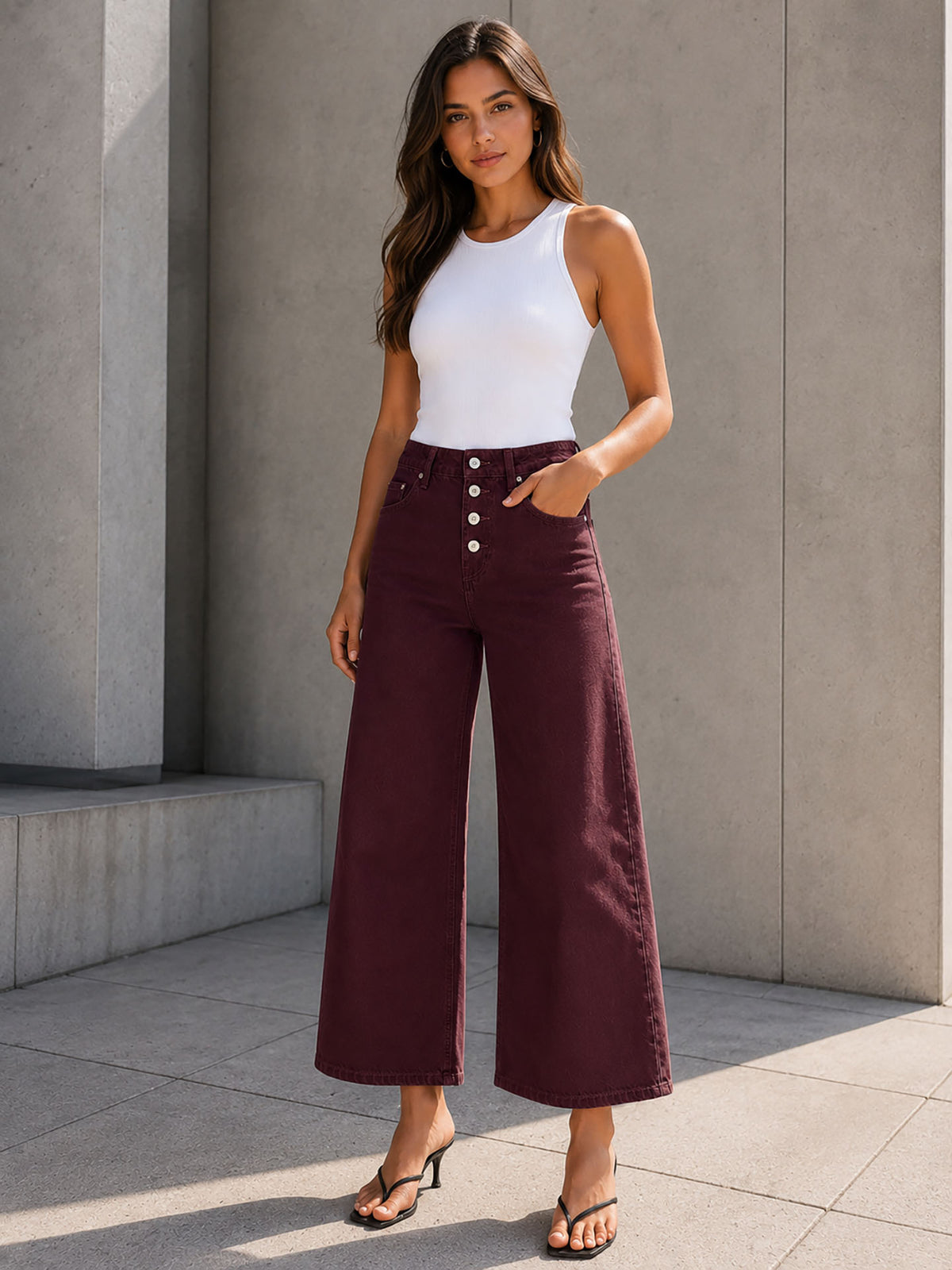 Burgundy Button Front Cropped Wide Leg Pants