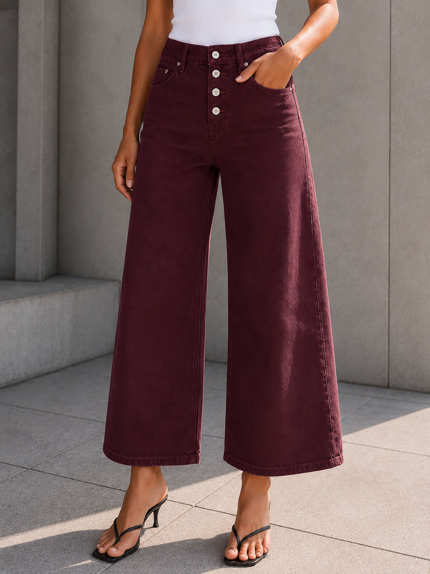 Burgundy Button Front Cropped Wide Leg Pants