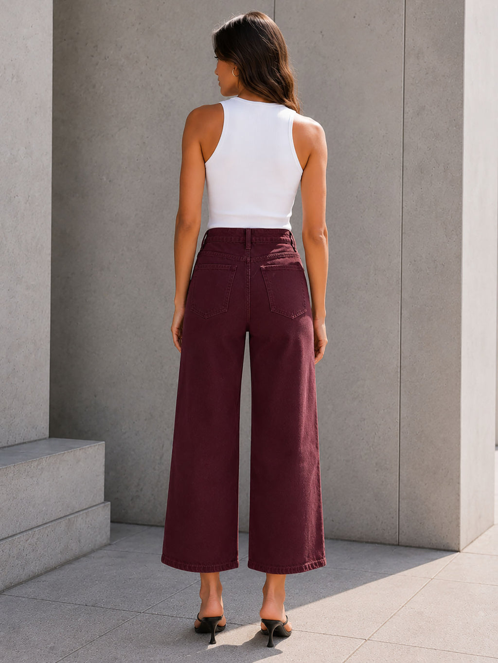 Burgundy Button Front Cropped Wide Leg Pants