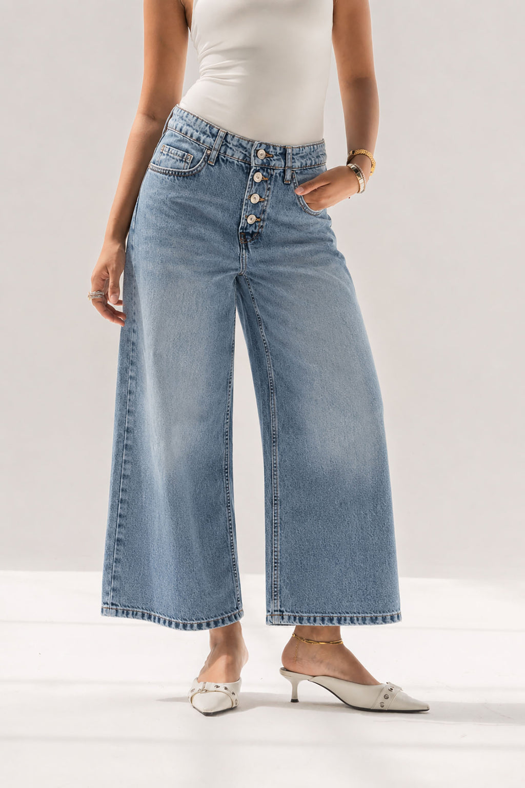 Light Blue Buttons Wide Leg Jeans