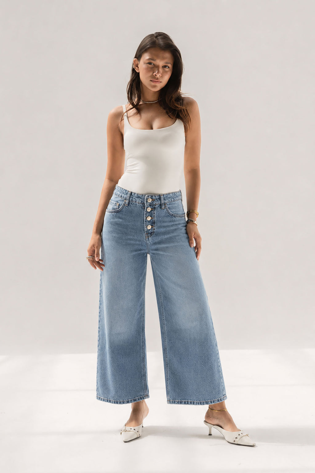 Light Blue Buttons Wide Leg Jeans