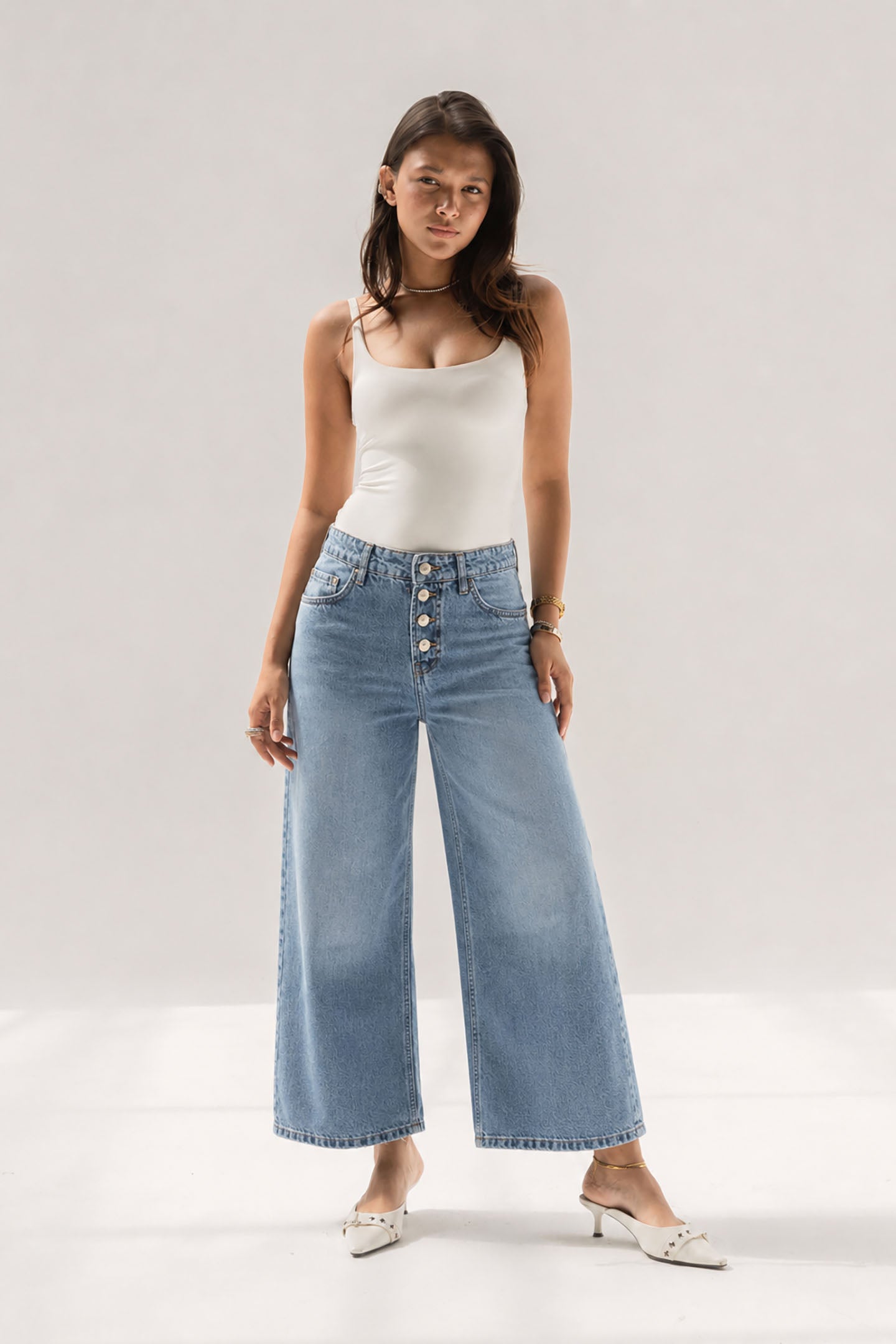 Light Blue Buttons Wide Leg Jeans