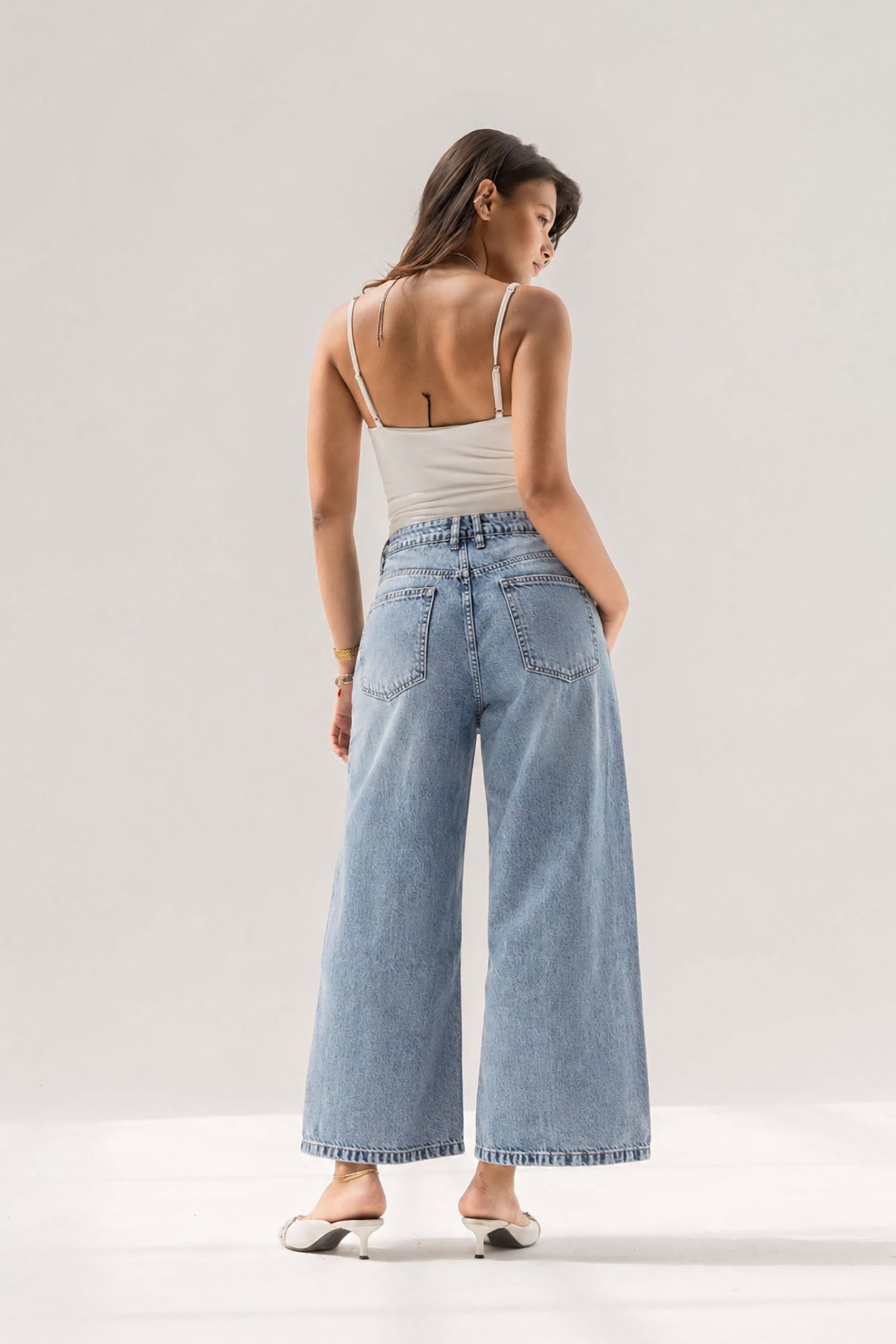 Light Blue Buttons Wide Leg Jeans