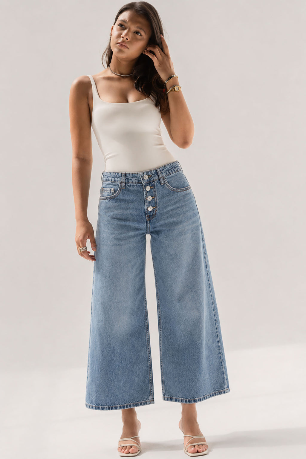 Light Blue Buttons Wide Leg Jeans
