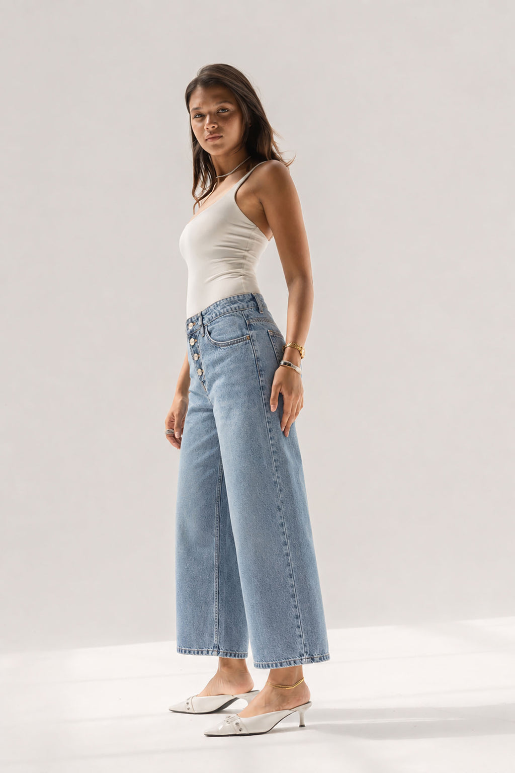 Light Blue Buttons Wide Leg Jeans