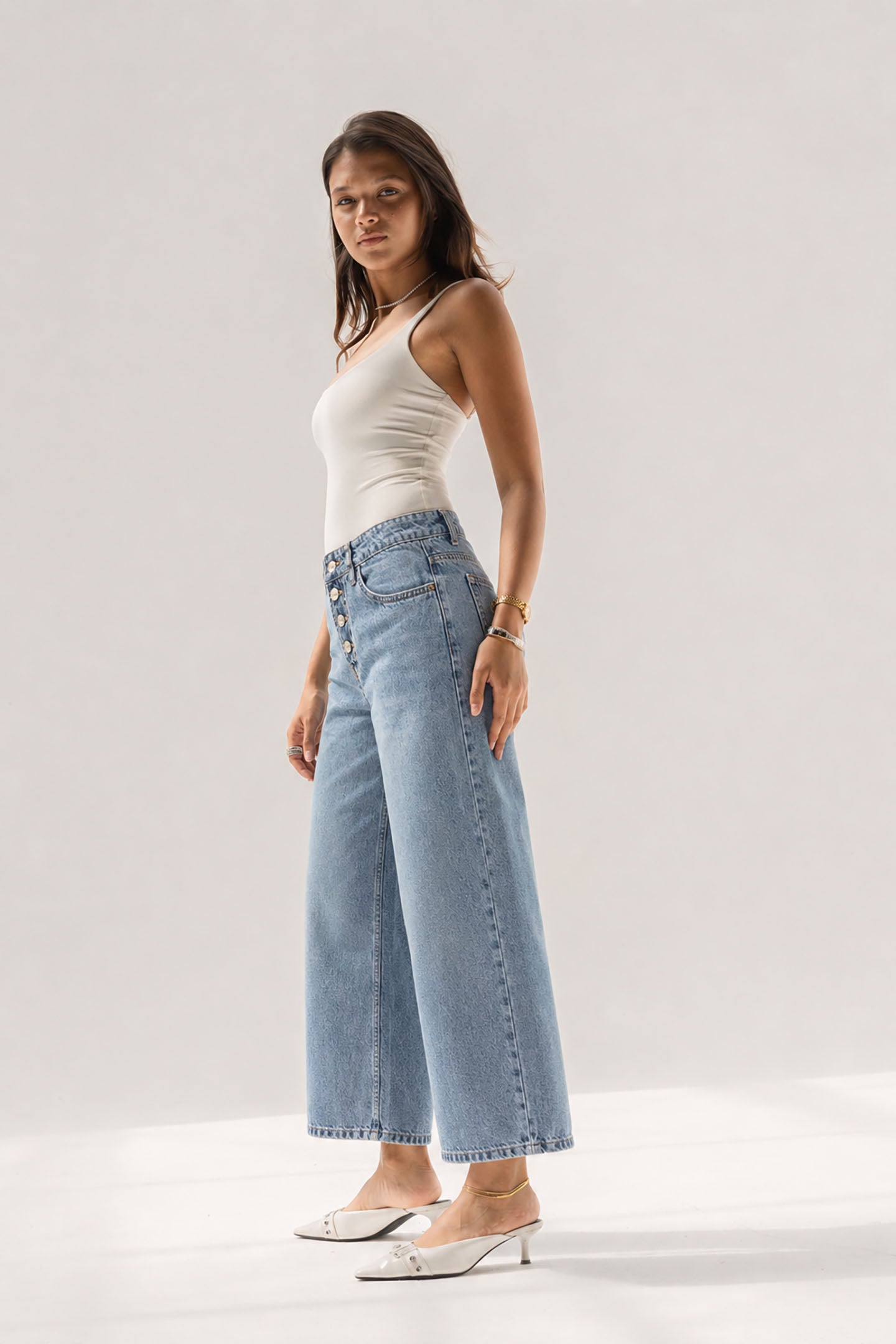 Light Blue Buttons Wide Leg Jeans