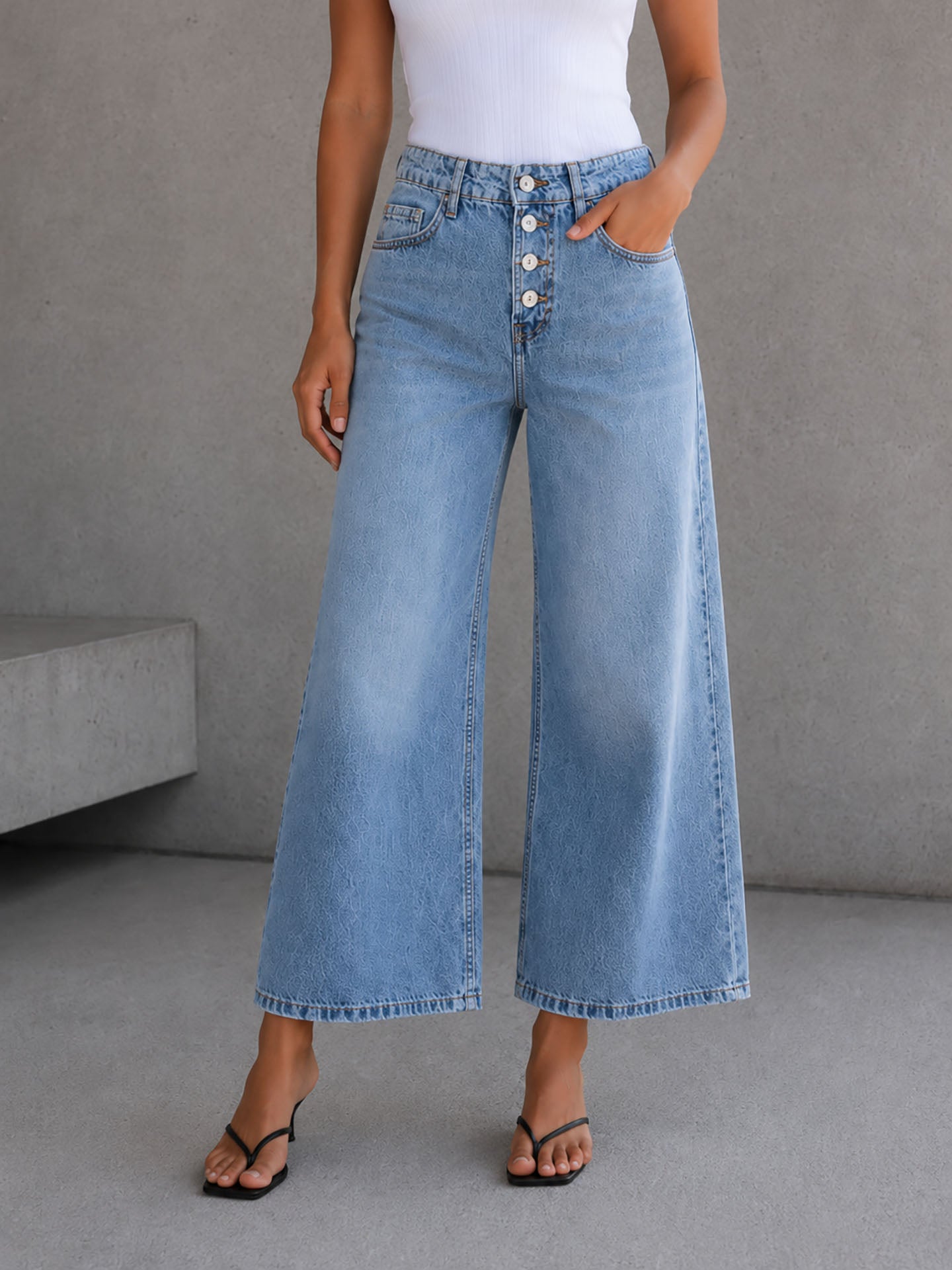 Light Blue Buttons Wide Leg Jeans