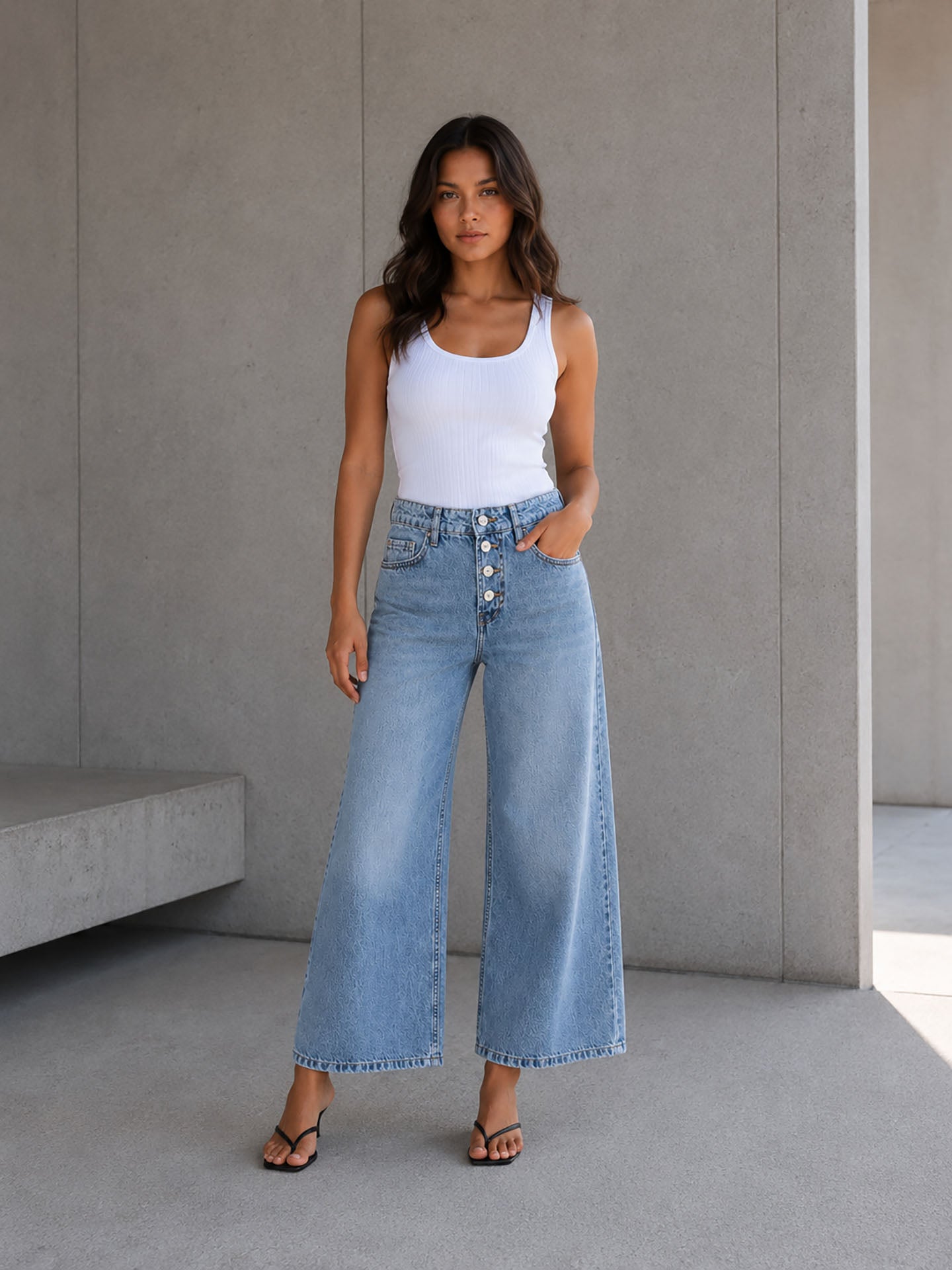 Light Blue Buttons Wide Leg Jeans