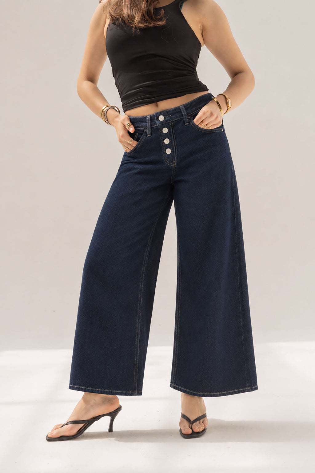 Navy Buttons Wide Leg Jeans