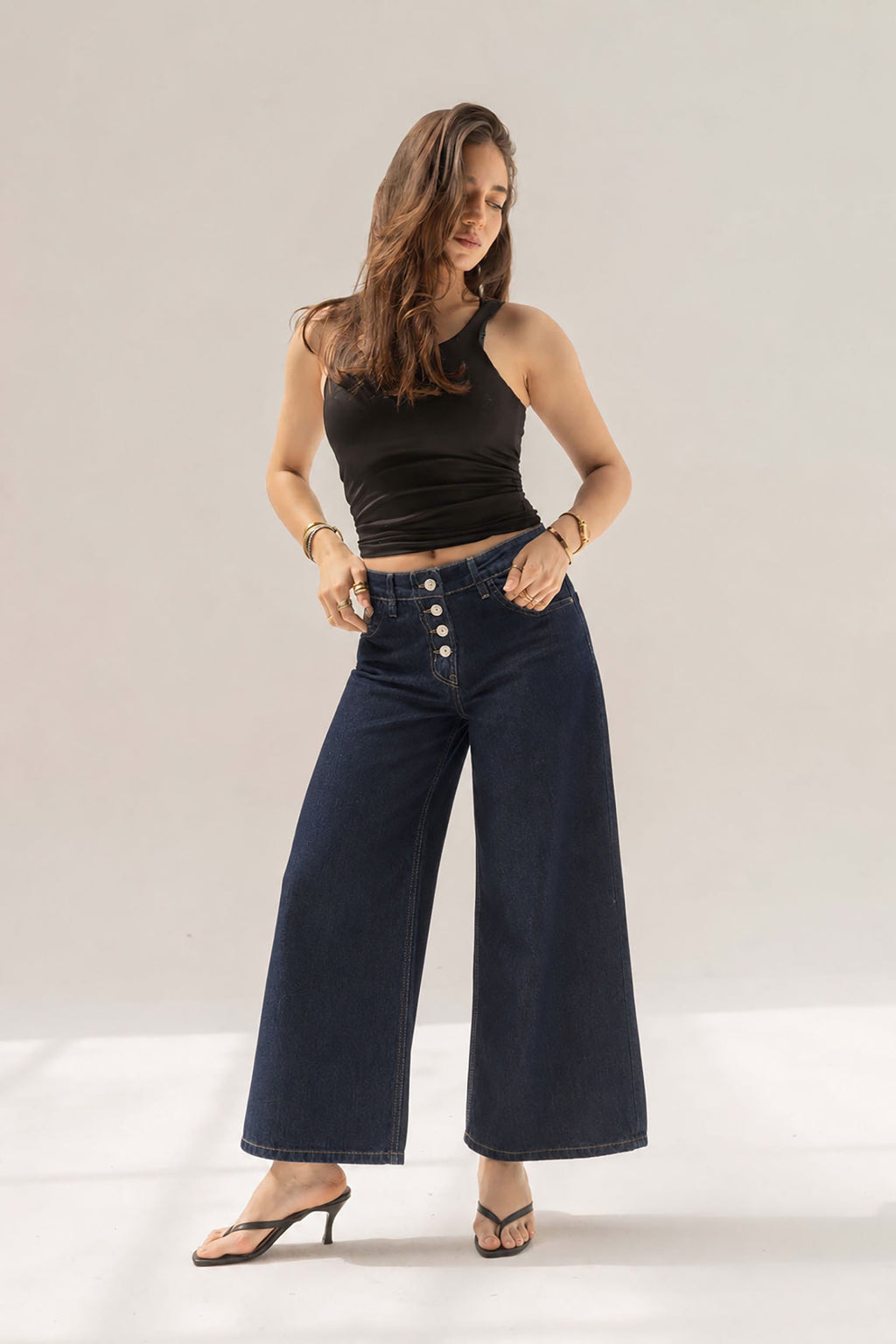 Navy Buttons Wide Leg Jeans