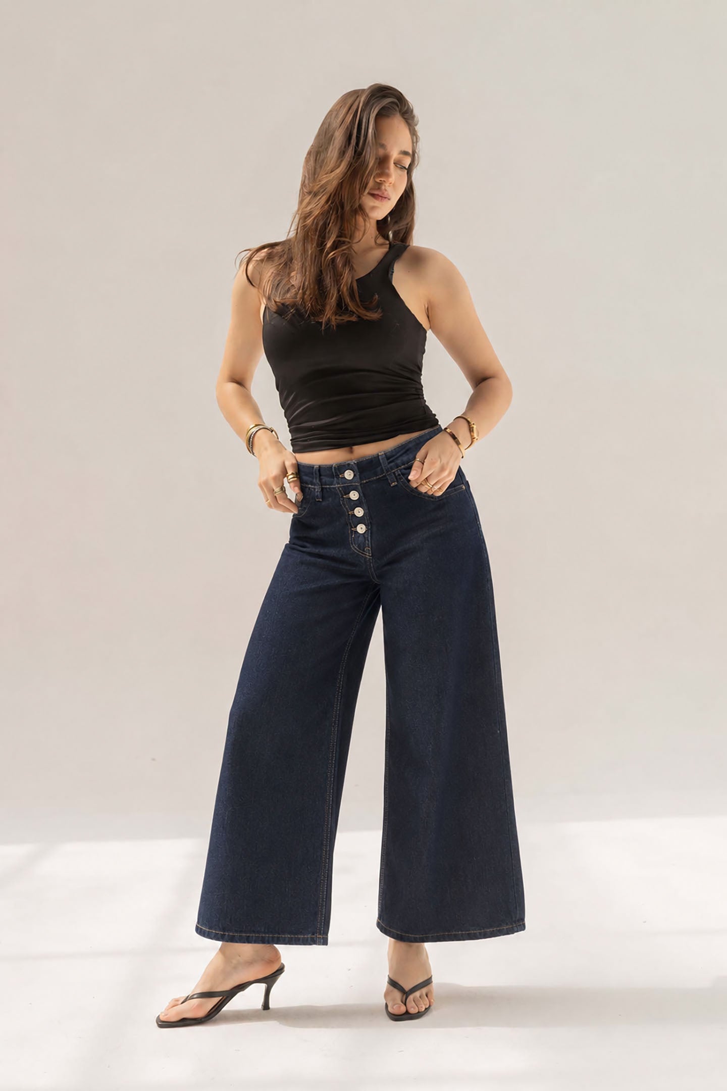 Navy Buttons Wide Leg Jeans