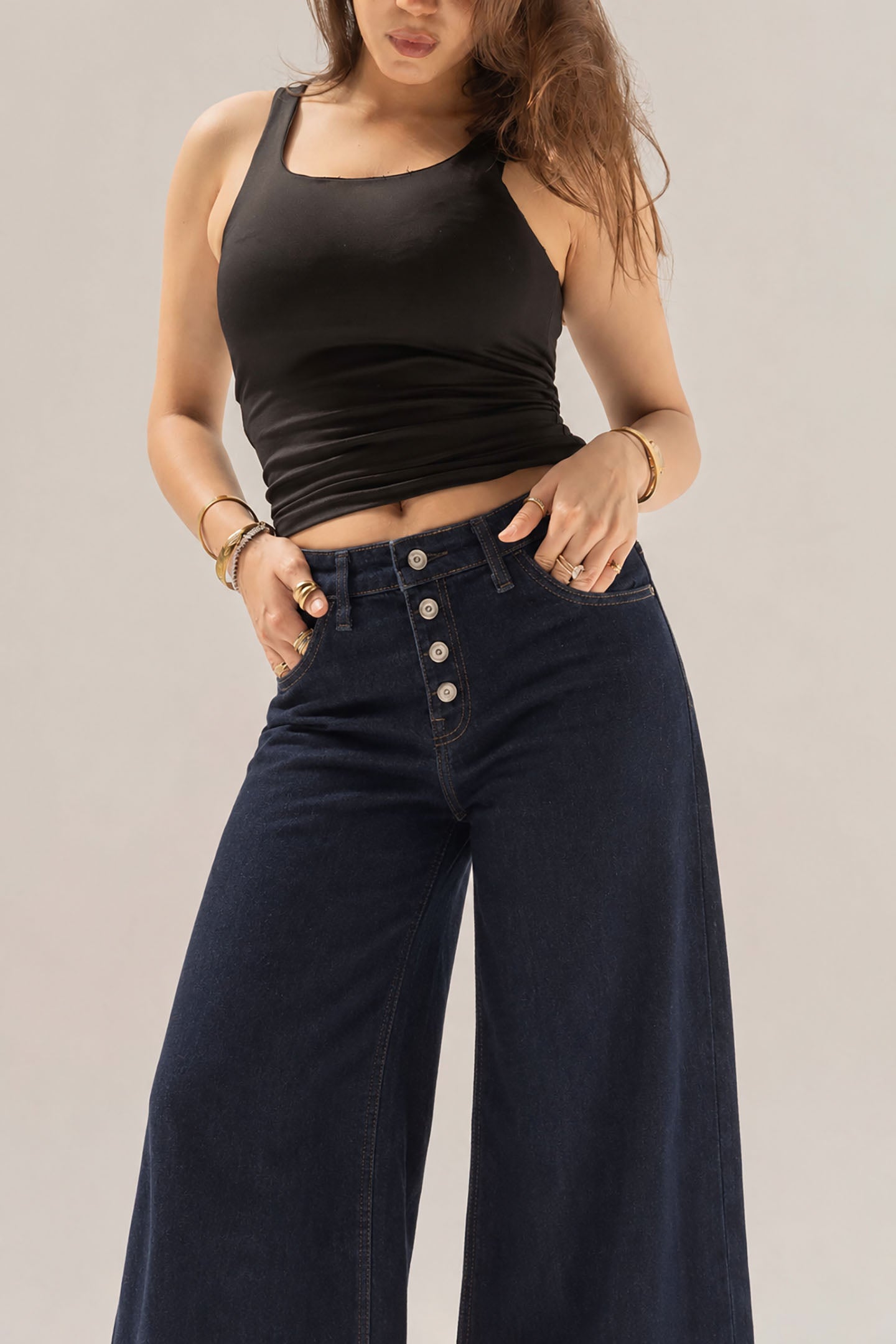 Navy Buttons Wide Leg Jeans