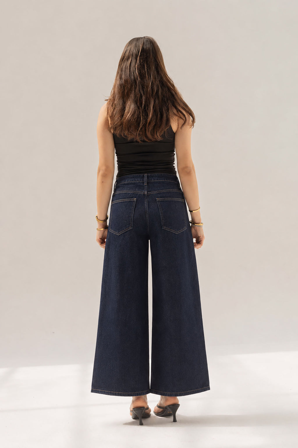 Navy Buttons Wide Leg Jeans