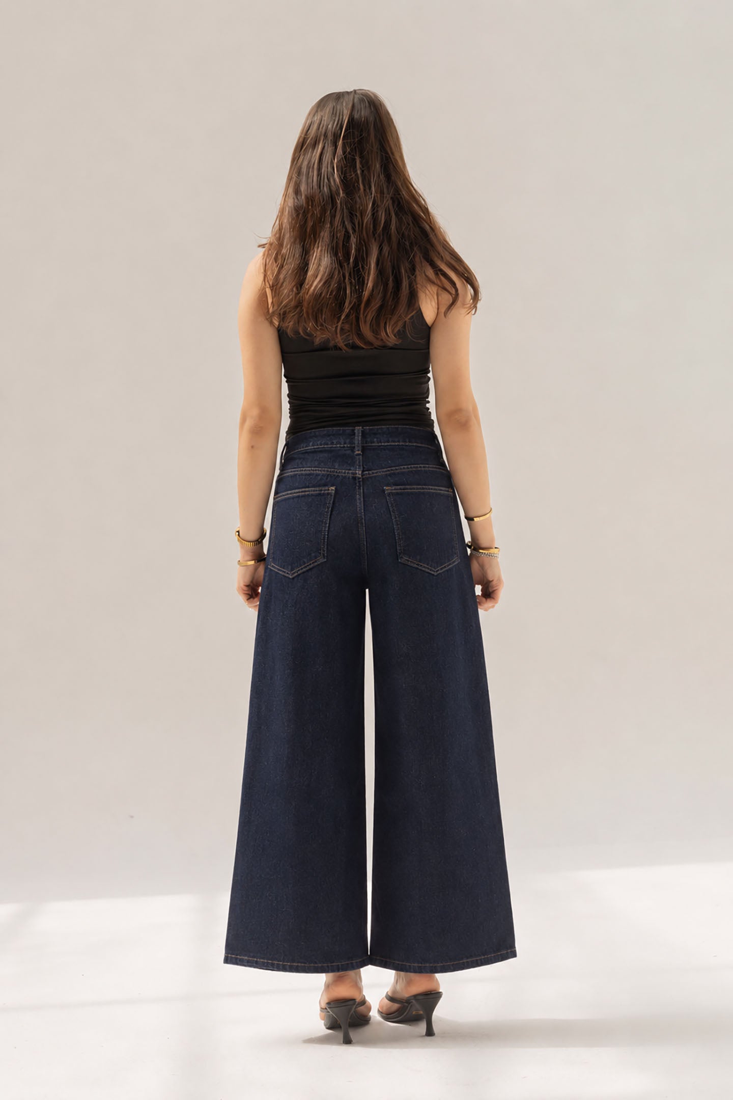 Navy Buttons Wide Leg Jeans