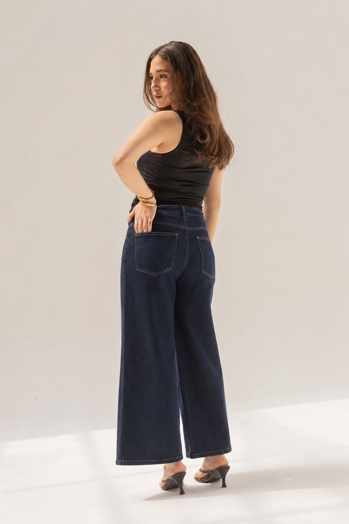 Navy Buttons Wide Leg Jeans