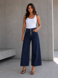 Navy Buttons Wide Leg Jeans