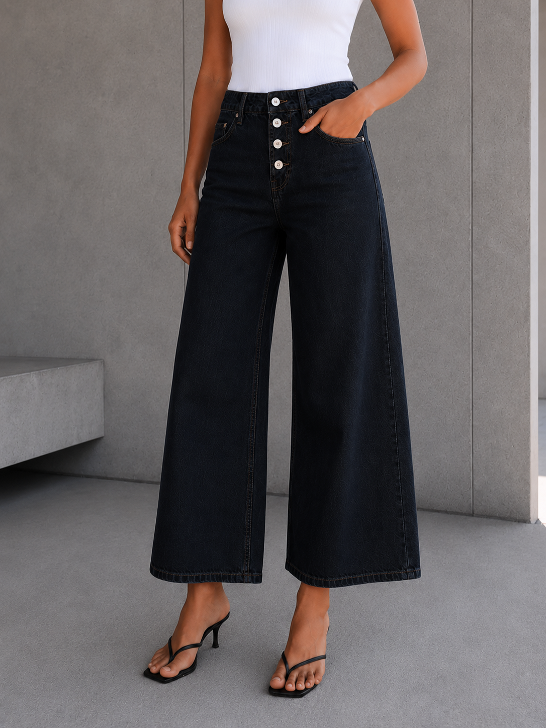 Navy Buttons Wide Leg Jeans