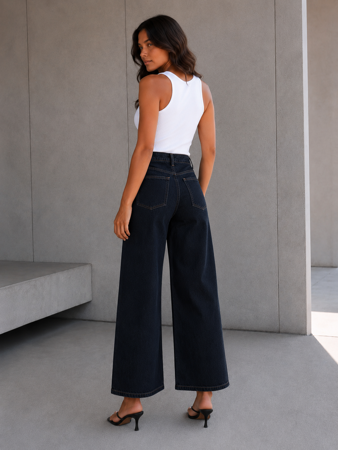 Navy Buttons Wide Leg Jeans