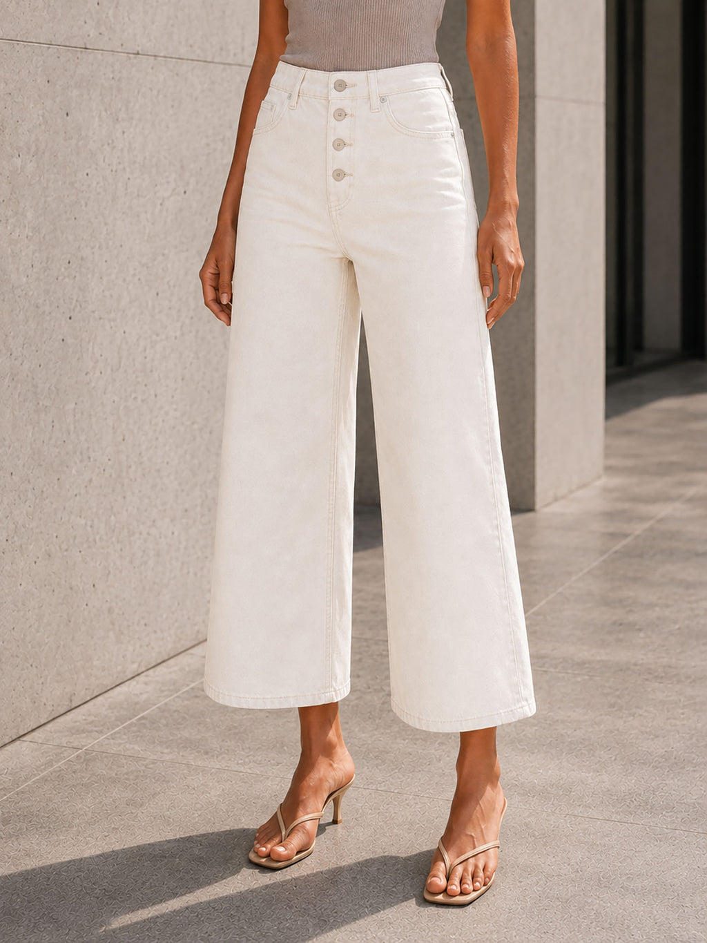 Off White Button Front Cropped Wide Leg Pants