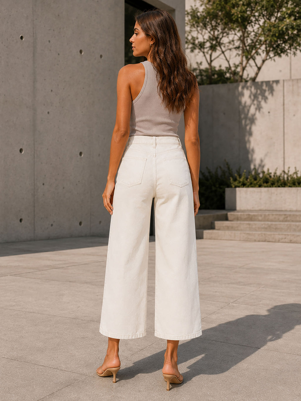 Off White Button Front Cropped Wide Leg Pants