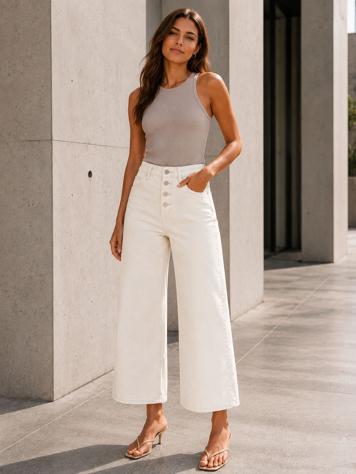 Off White Button Front Cropped Wide Leg Pants