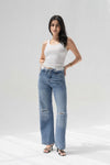 Blue High-Rise Fold-Over Waistband Wide-Leg Jeans