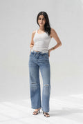 Blue High-Rise Fold-Over Waistband Wide-Leg Jeans