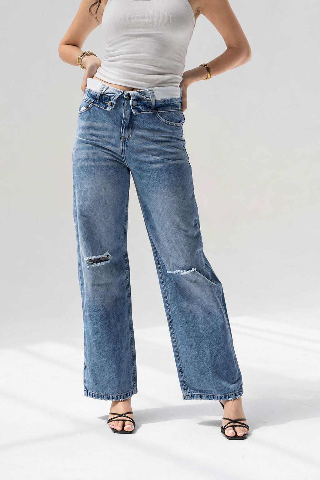 Blue High-Rise Fold-Over Waistband Wide-Leg Jeans